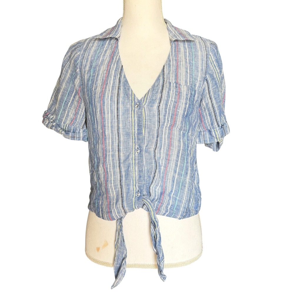 Parker Blue Striped‎ 100% Linen Tie Front Short Sleeve Shirt P9D5344MLY Small